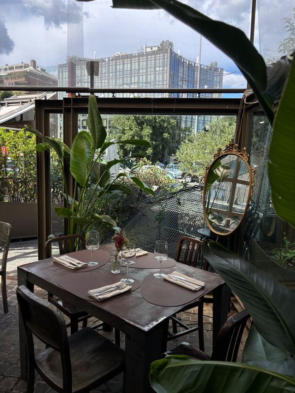 Tavolo apparecchiato sul terrazzino tra le piante